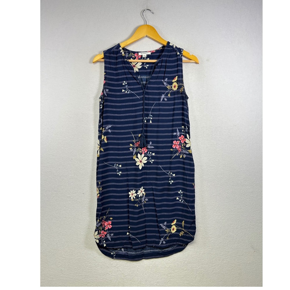 Beachlunchlounge Floral Striped Shift Dress Womens Small Navy Blue Tassel V-Neck